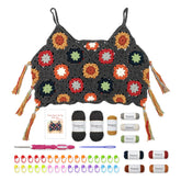 Complete DIY kit contents showing the finished colorful granny square vest, yarn, hook, and tools for making a crochet tank top