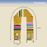 Golden Granny Square Scarf Crochet Kit with colorful squares and shown dimensions