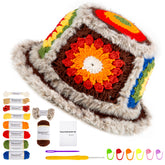 Complete DIY crochet kit for fuzzy granny square bucket hat, showing finished colorful hat, yarn skeins, crochet hook, tools, and instruction booklet