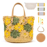 Crochet purse kit product photo for Floral Raffia Bucket Bag Crochet Kit, with Woolique craft details