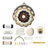 Complete DIY crochet kit for 'Winter Moss' Mandala coin purse, including finished sample, yarn, metal kiss clasp, chain, and lining