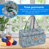Blue floral knitting project bag with zippers and multiple compartments