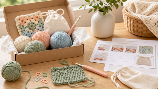 Beginner crochet kit with yarn hook pattern and first swatch