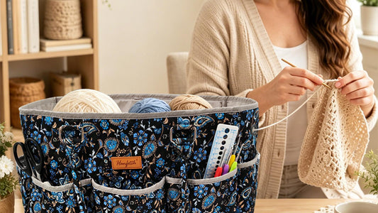 Crochet maker with a yarn storage tote in a calm craft space