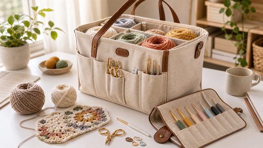 Canvas yarn storage tote with leather handles and crochet tools