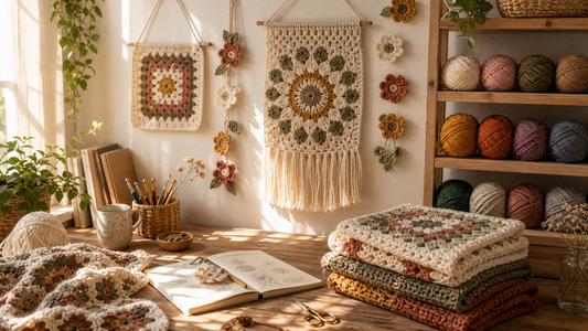 Sunlit handmade crochet studio with wall hangings and yarn shelves