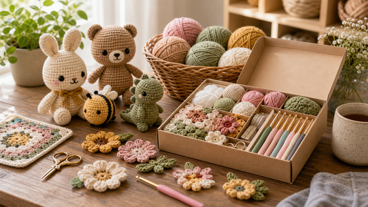 Crochet gift kit with amigurumi animals yarn and flowers