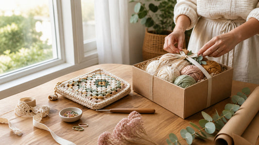 Thoughtful crochet kit gift guide with yarn, tools and handmade project on a warm craft table