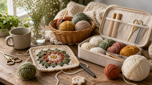 Cozy crochet tools yarn and handmade granny square cover image