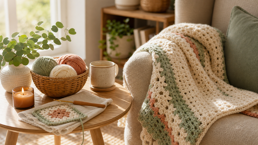 Mindful home crochet setup with throw yarn candle and plant