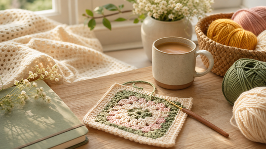 Slow weekend crochet ritual with yarn coffee notebook and granny square