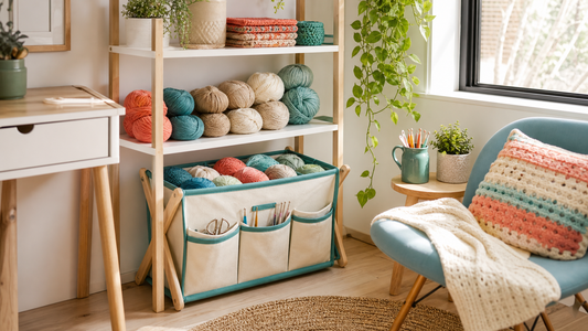 Small craft corner with yarn shelf and storage bag