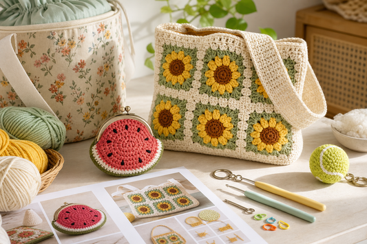 Crochet kits and handmade gift ideas with sunflower bag, watermelon purse and yarn tools