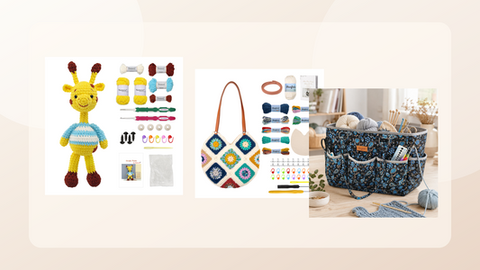 Beginner crochet kits and yarn storage bag arranged for Woolique Australian craft blog