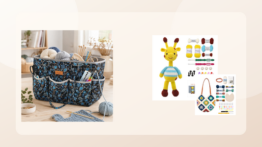 Woolique yarn storage bag and crochet kit arranged for an Australian craft blog