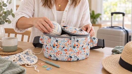 A compact floral yarn storage bag being packed with yarn and crochet tools before an Australian flight