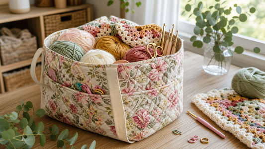 New Woolique 012 yarn storage bag styled in a calm Australian craft corner