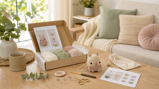 A beginner friendly crochet kit arranged in a calm Australian living room craft setting