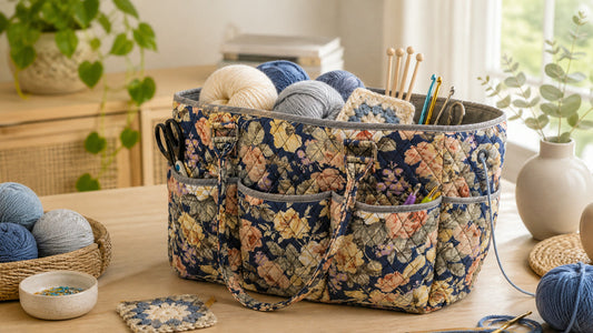 A Woolique-style quilted yarn storage tote filled with yarn and crochet tools in a calm Australian craft corner