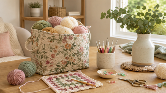 A calm Australian crochet corner with a floral yarn storage bag filled with yarn and tools