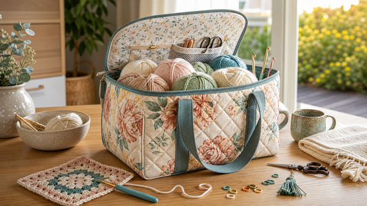 A floral yarn storage bag filled with yarn and crochet tools in a calm Australian craft corner
