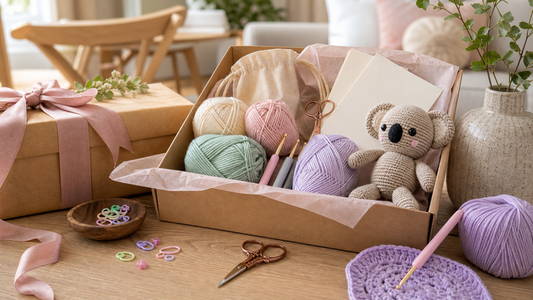 A crochet kit gift setup with pastel yarn hooks stitch markers and a small handmade plush project