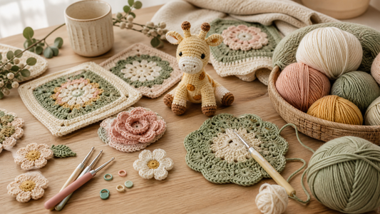 Crochet art pieces with granny squares flowers amigurumi yarn and hooks on a warm craft table