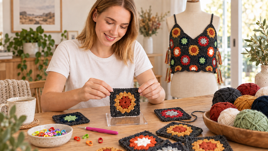 A maker checking the size of a granny square beside a Dusk Glow crochet tank top