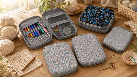 Woolique crochet hook cases arranged with the existing blue floral tulip grey flower and grey arrow patterns