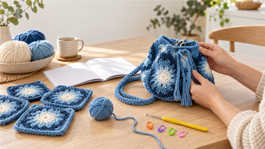 A maker pausing a blue granny-square crochet kit project to check the remaining yarn