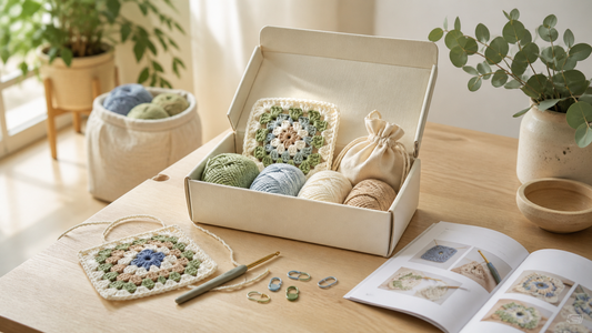 A beginner crochet kit opened neatly with yarn tools and a granny square project in a calm Australian craft corner