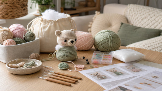 A beginner crochet kit arranged with yarn hooks and an amigurumi project in a warm Australian home