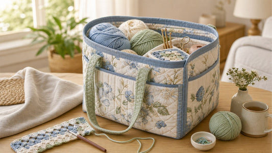 A floral yarn storage bag filled with yarn and crochet tools in a calm Australian craft corner