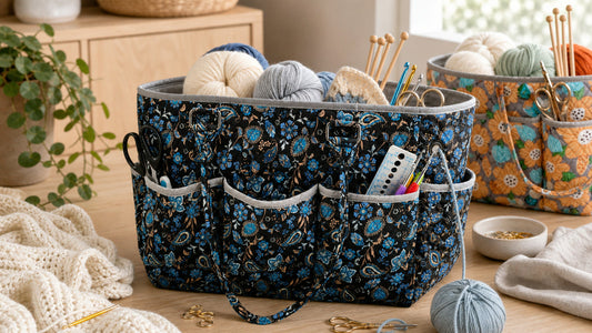A large quilted yarn storage tote bag holding yarn tools and a crochet work in progress