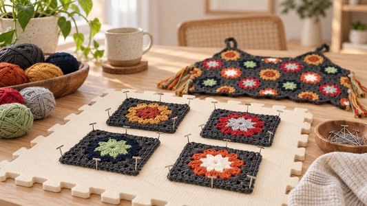 Four Dusk Glow granny squares pinned on blocking mats before joining a crochet tank top