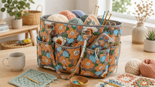 A Woolique yarn storage bag organised with multiple crochet works in progress in a calm craft corner