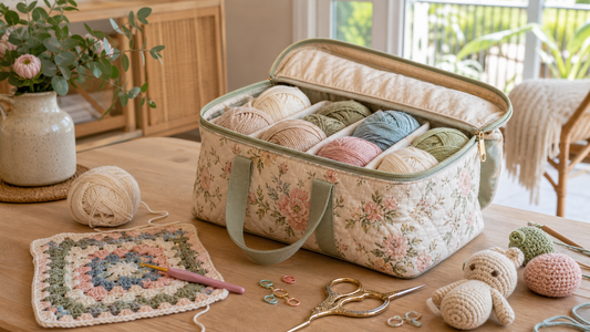 A floral yarn storage bag organising multiple crochet projects in a calm Australian craft corner