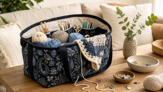 A large black and blue floral quilted yarn tote bag filled with yarn and crochet tools in a warm Australian home