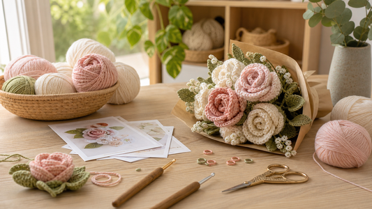 A crochet rose bouquet kit arranged on a warm Australian home craft table with yarn and tools