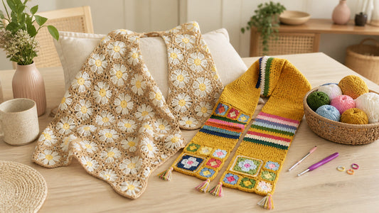 A crochet shawl kit and crochet scarf kit styled together in a calm Australian craft corner