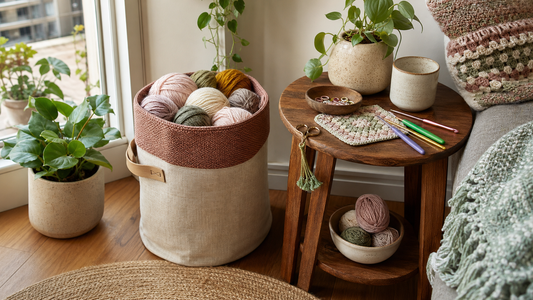 A small Australian apartment craft corner with a yarn storage bag beside a compact wooden table