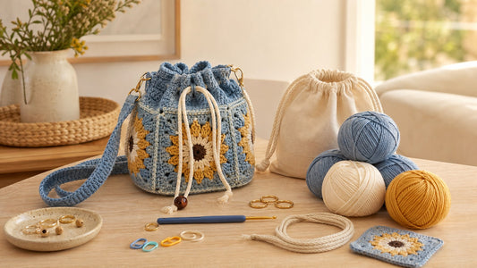 A blue sunflower granny square crochet bag kit styled on a warm Australian craft table with yarn and crochet tools