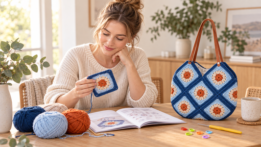 An Australian maker checking crochet kit instructions beside a blue and orange granny square tote