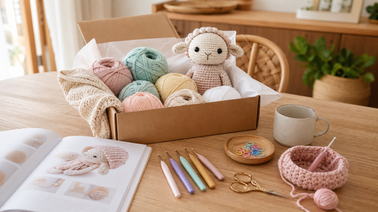 A beginner friendly crochet kit unboxed with yarn hooks stitch markers and a small handmade project