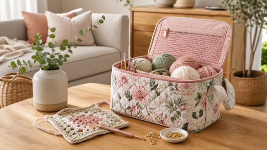 A floral yarn bag packed with yarn and crochet tools in a warm Australian home craft corner