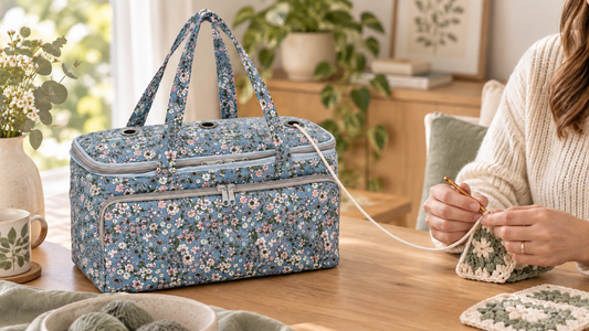 A blue floral zippered yarn storage bag with three grommets guiding yarn to a crochet project