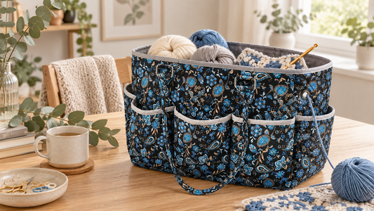 A blue paisley yarn storage bag holding yarn and a crochet project in a calm Australian craft corner