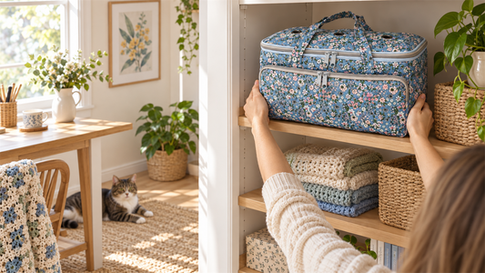A closed blue floral yarn storage bag being placed in a cupboard while a cat rests at a distance