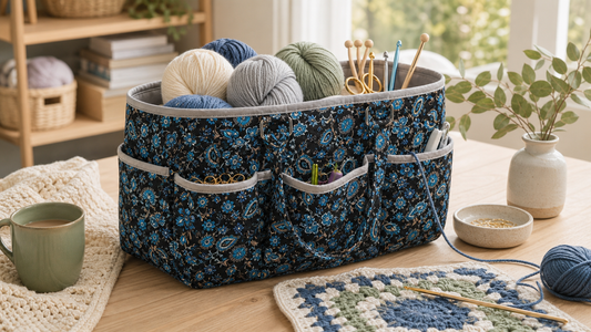 A blue paisley quilted yarn storage bag filled with yarn and crochet tools in a calm Australian craft corner