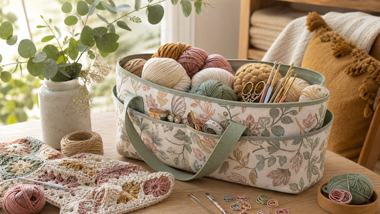 A beautiful yarn storage bag filled with yarn and crochet tools in a warm Australian craft corner
